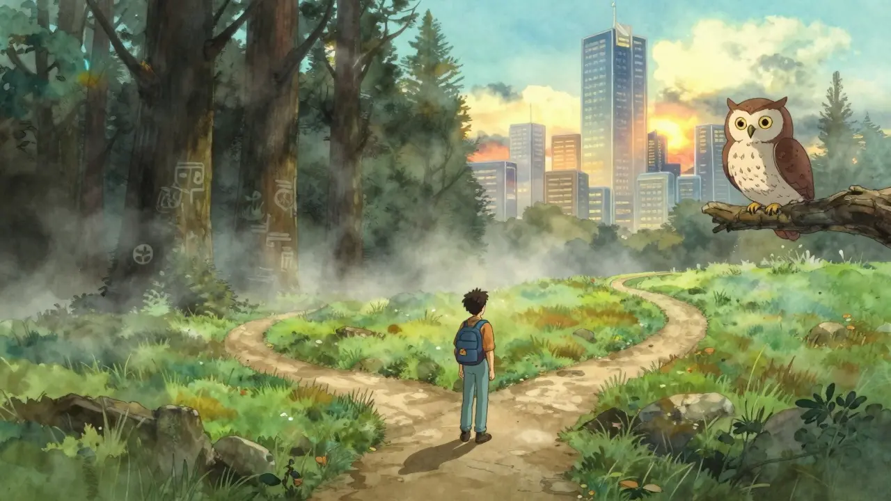 Traveler choosing between a dark forest and a safe city
