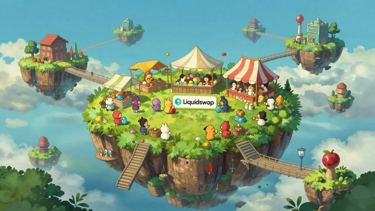 Vibrant sky-island marketplace where characters exchange colorful tokens in a Ghibli world