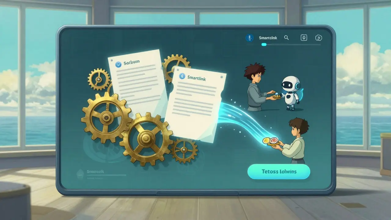 Whimsical Ghibli illustration of a magical, secure digital escrow exchange between two people.