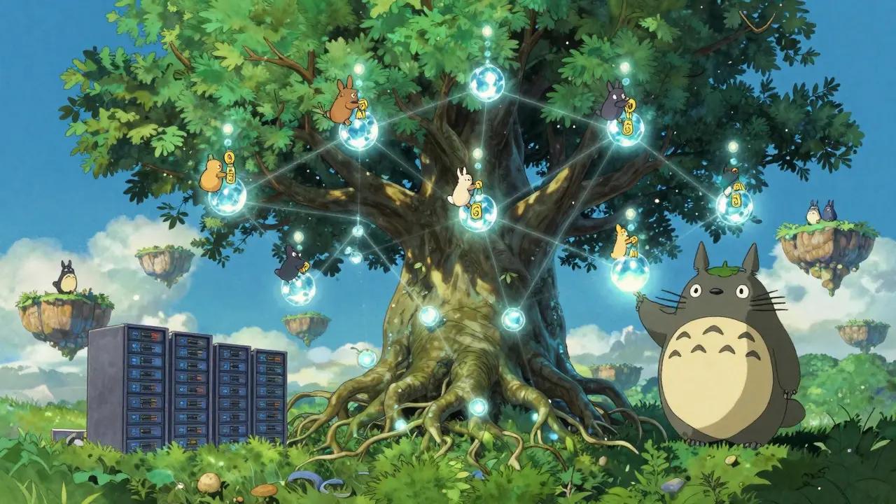 Whimsical tree network with spirits locking tokens, representing Proof-of-Stake in anime style