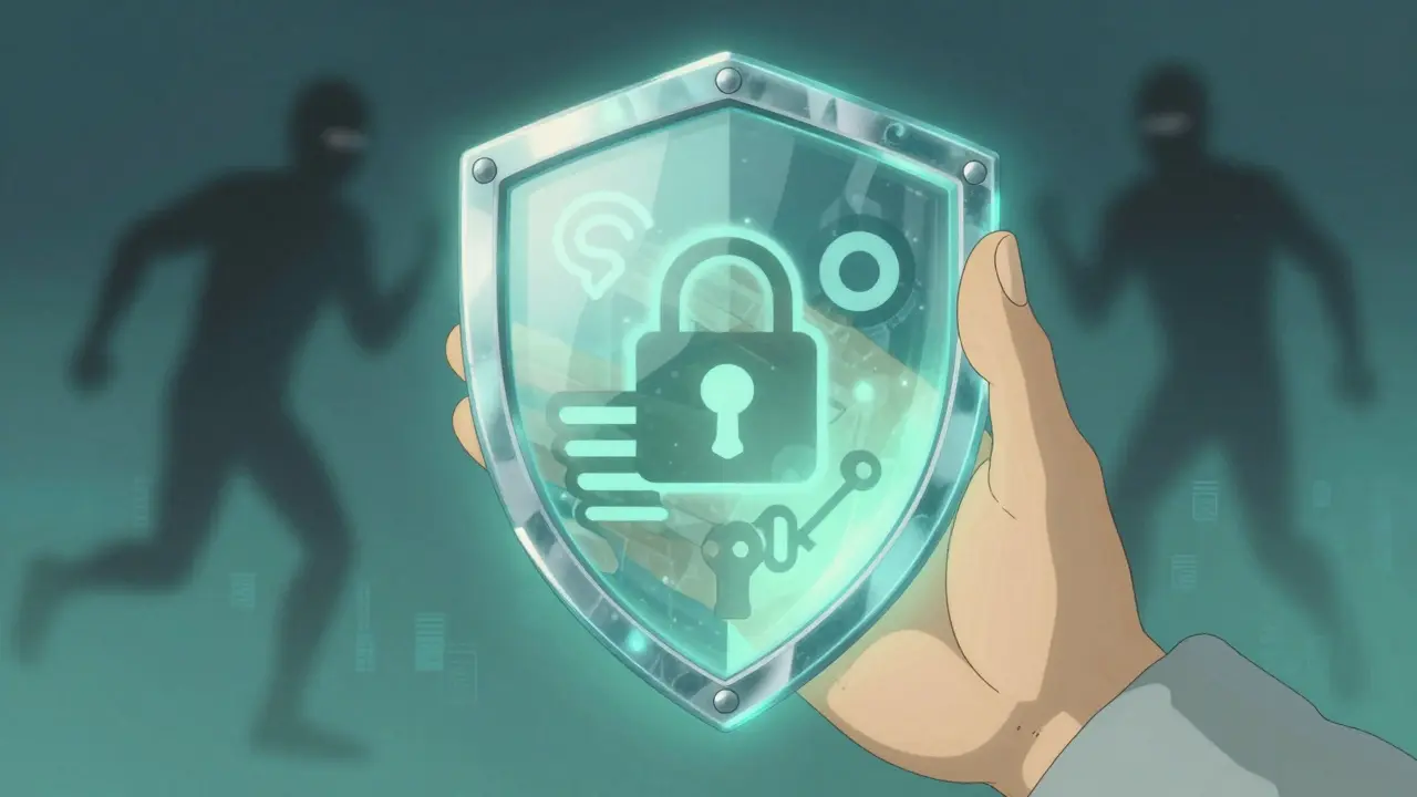A glowing protective shield surrounding a digital wallet, symbolizing online security.