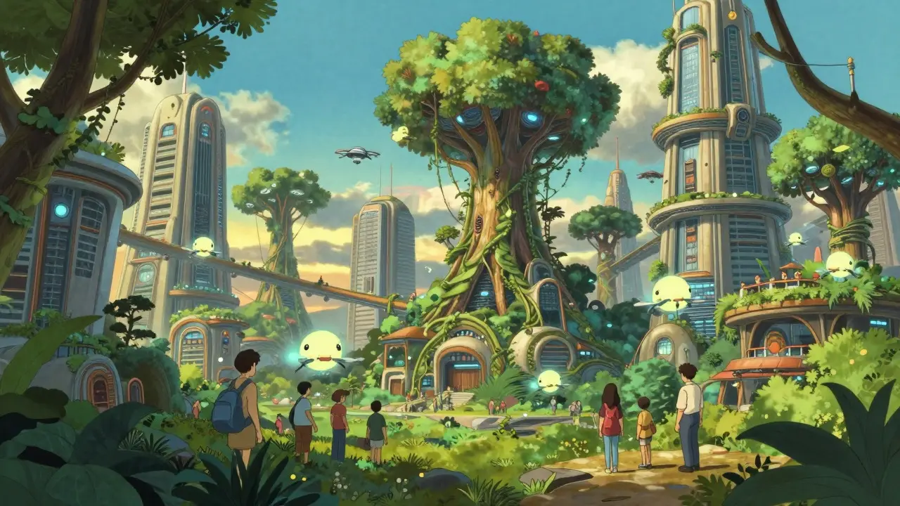 A harmonious Ghibli city where nature and technology blend with friendly drones.