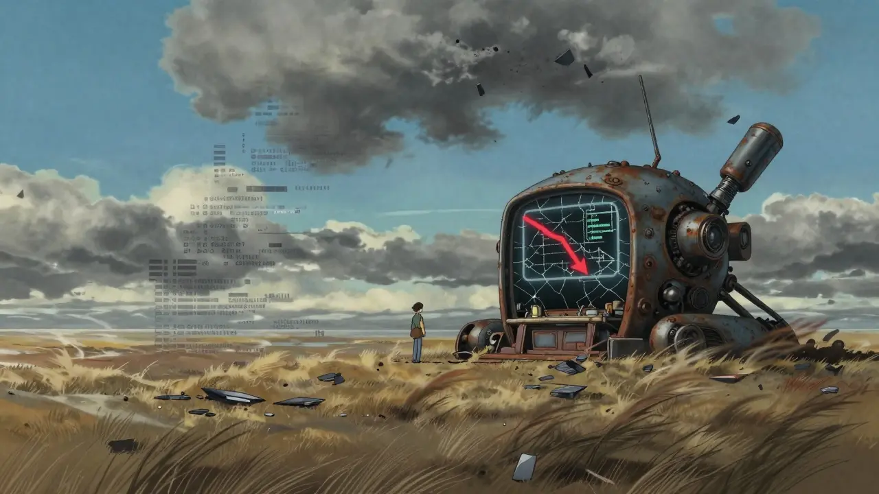 Abandoned digital restaurant in a desolate landscape, Ghibli art style