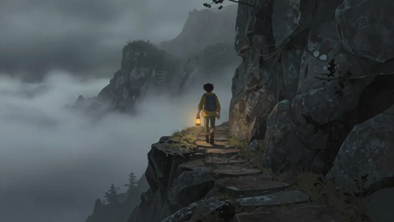 Adventurer walking a foggy mountain path symbolizing high-risk crypto speculation