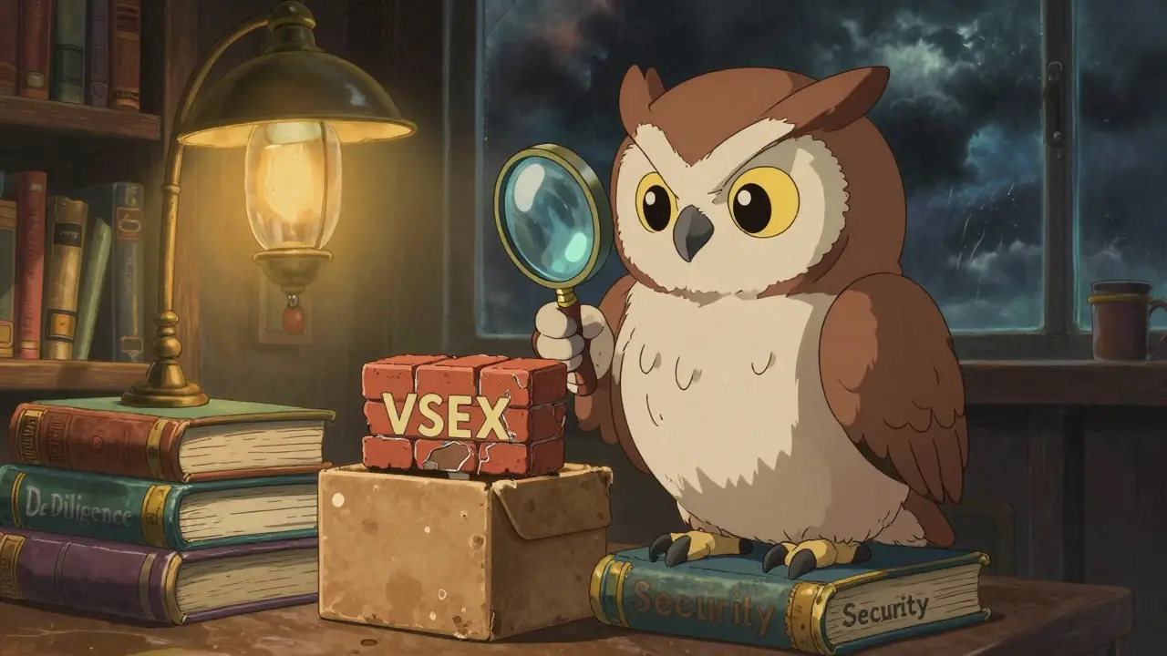 An owl inspects a crumbling block with a magnifying glass in a cozy library, warning of scams.