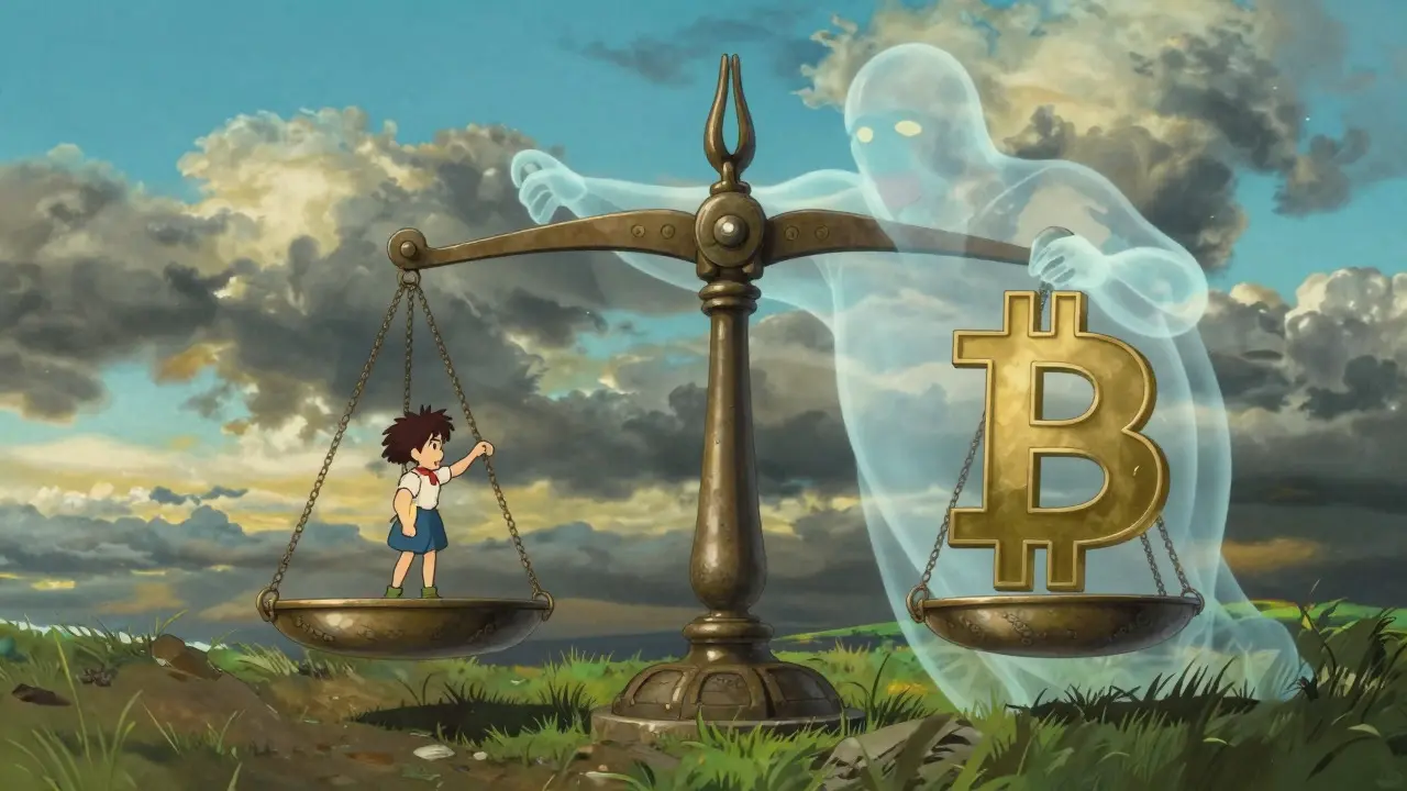 Anime character balancing on a scale with a giant Bitcoin spirit