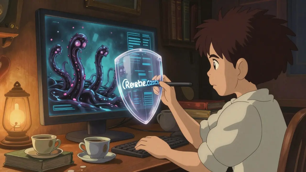 Anime character using a magical shield to block dark digital tentacles