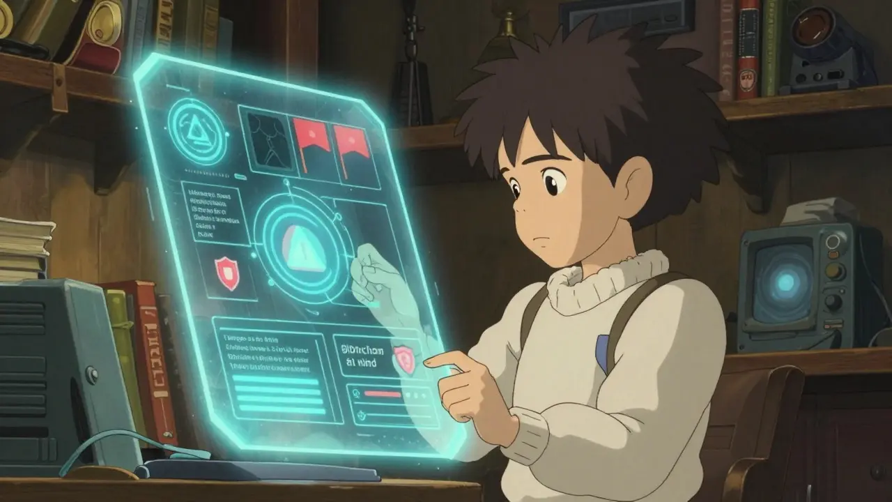 Anime character verifying crypto data on a magical screen