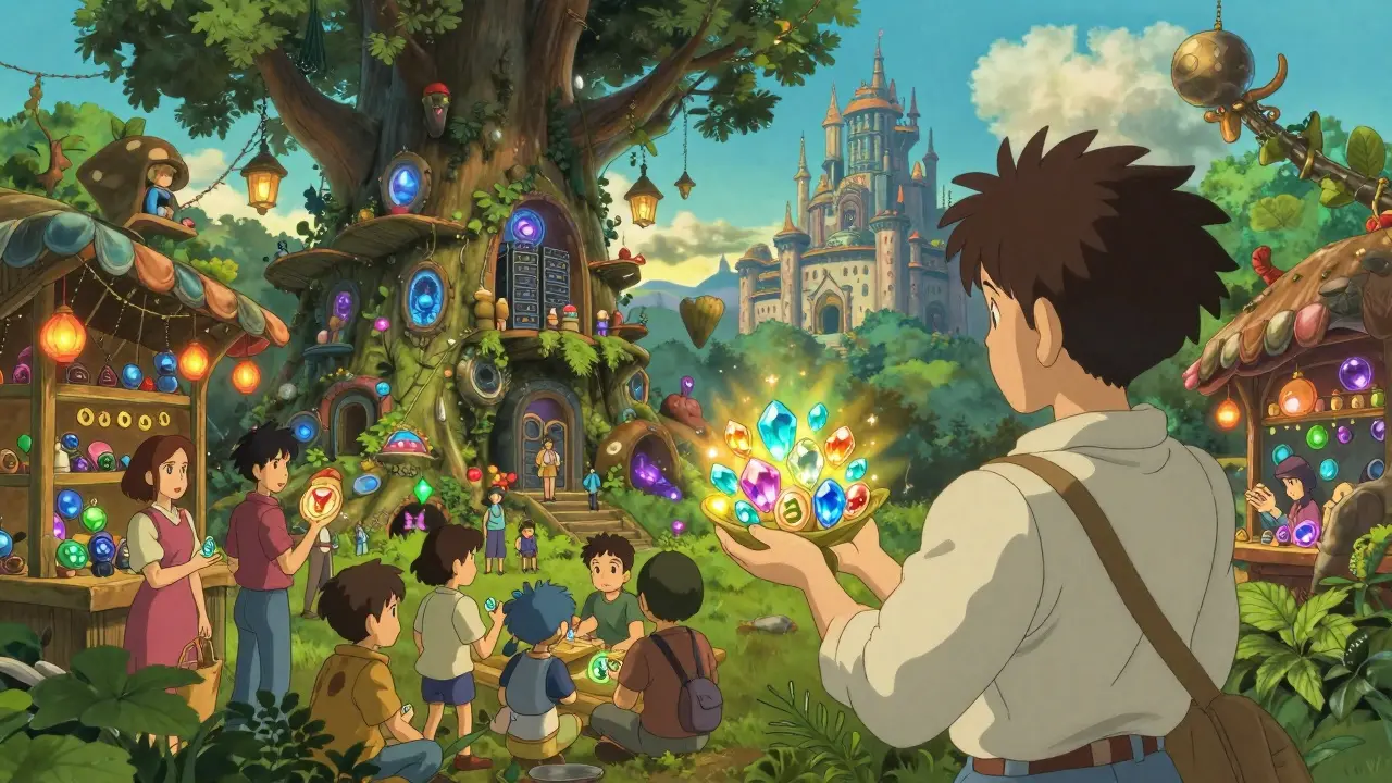 Anime crowd celebrating token rewards in a vibrant, tree-based marketplace