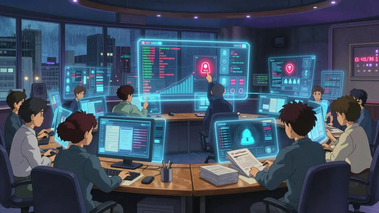 Anime-style control room where analysts monitor crypto transactions and compliance data.