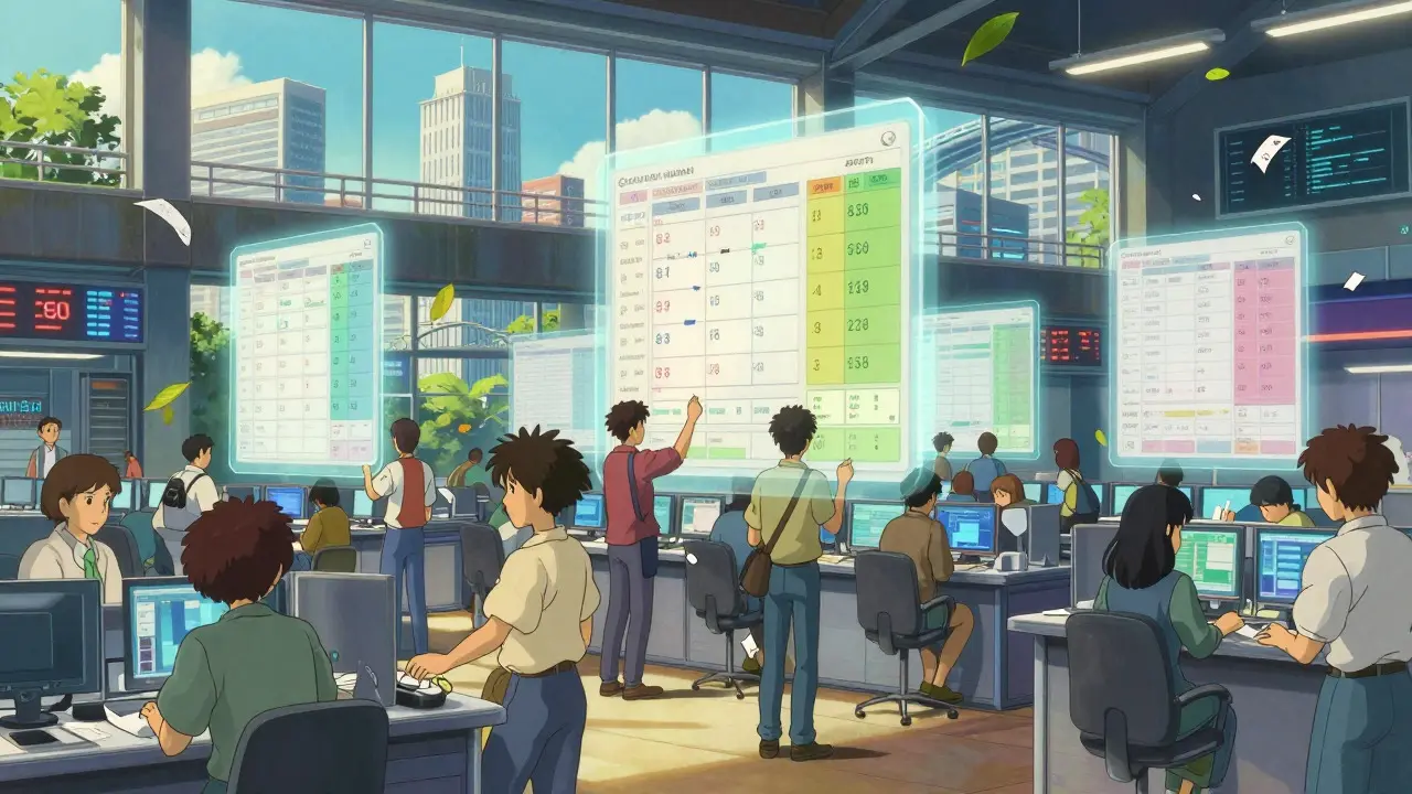 Anime traders interacting with floating holographic charts in a bright hall