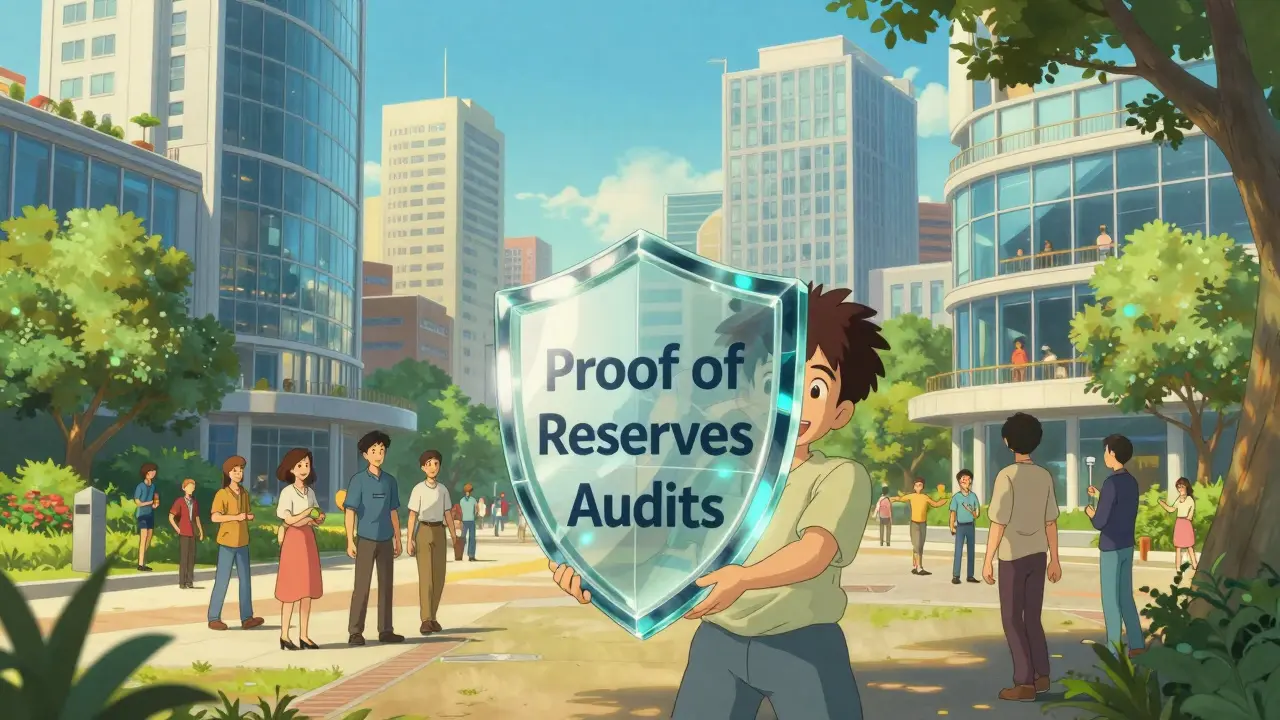 Bright, safe crypto city with characters holding shields of transparency