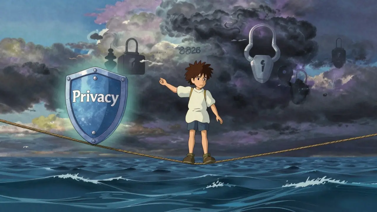 Character balancing privacy shield against storm clouds