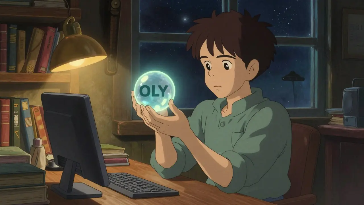 Character examining a glowing token orb by lamplight, Ghibli style