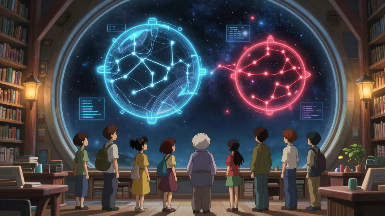 Characters analyzing glowing cosmic maps of token data in a library