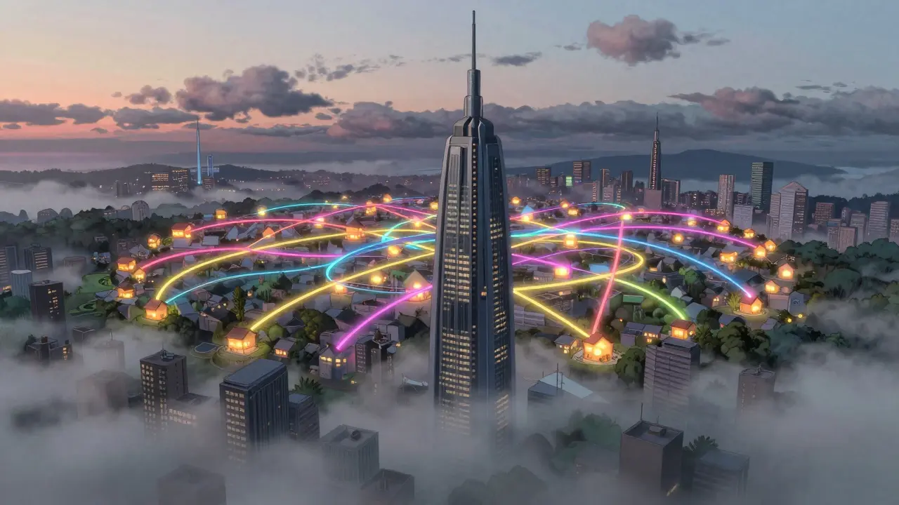 Cityscape showing decentralized network vs central server tower