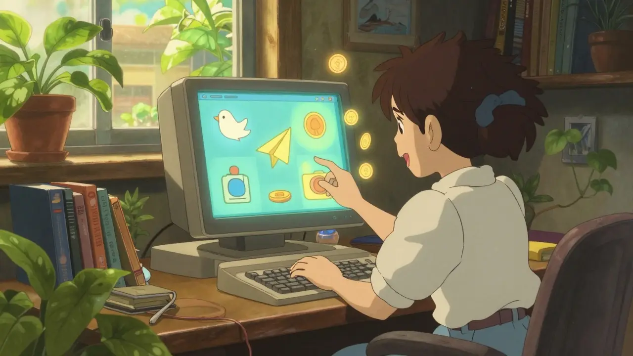 Cozy anime scene of user engaging with social media tasks on a glowing desk
