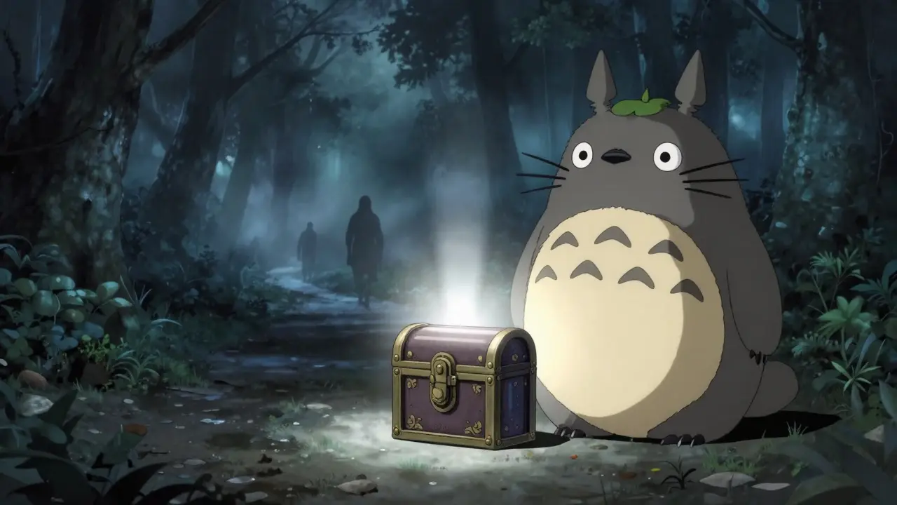 Cute anime guardian spirit protecting a secure digital wallet lockbox from shadowy figures in a misty forest.