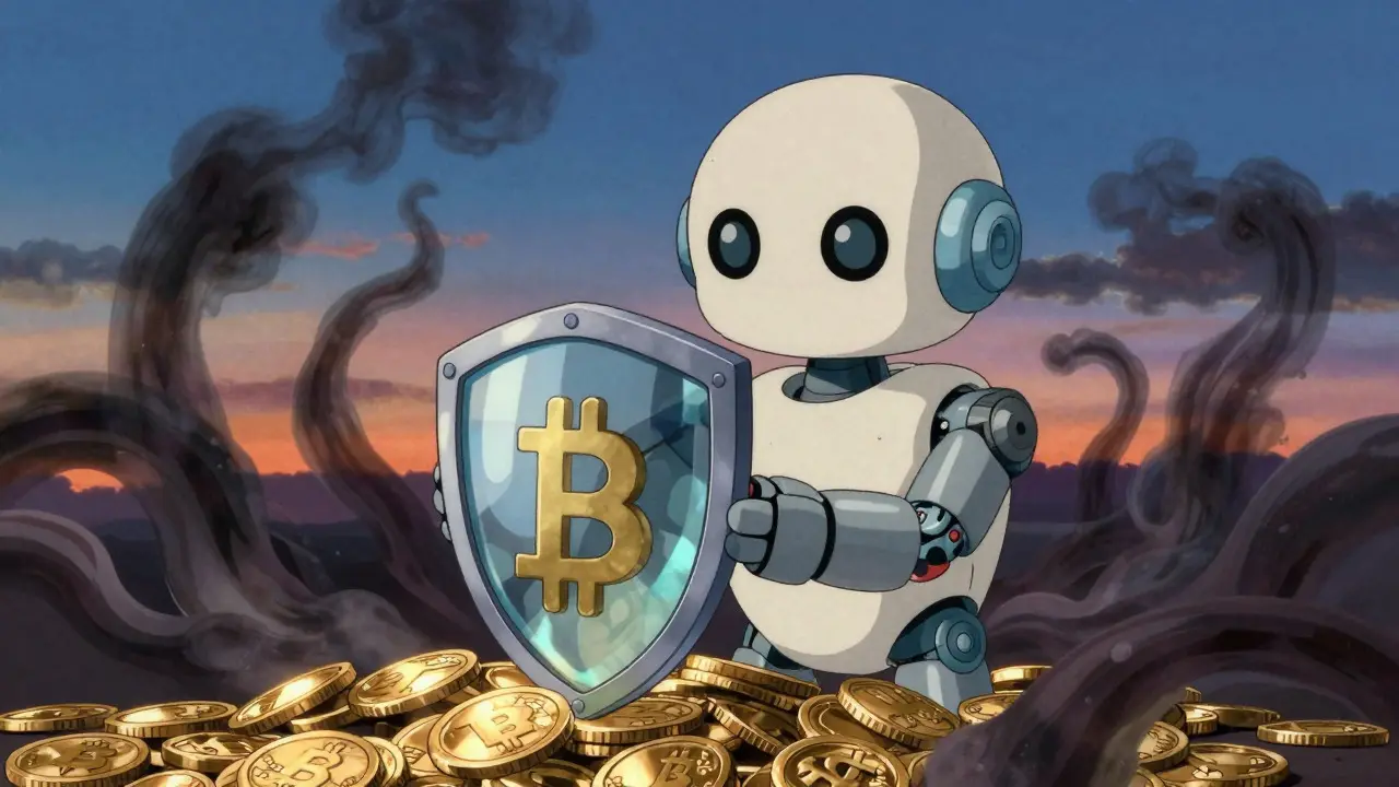 Cute robot shield protecting coins from dark smoke tendrils in a twilight setting.