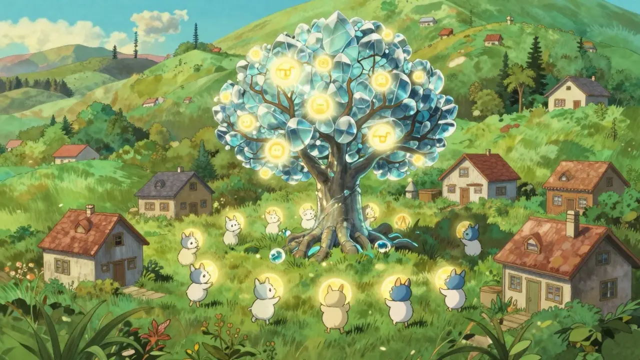 Cute spirits carrying data orbs to a glowing crystal tree in a Ghibli landscape.