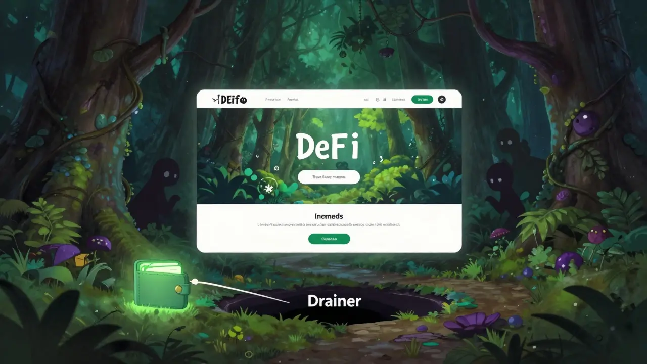 Deceptive website interface hiding malicious drainer code in a dark forest metaphor