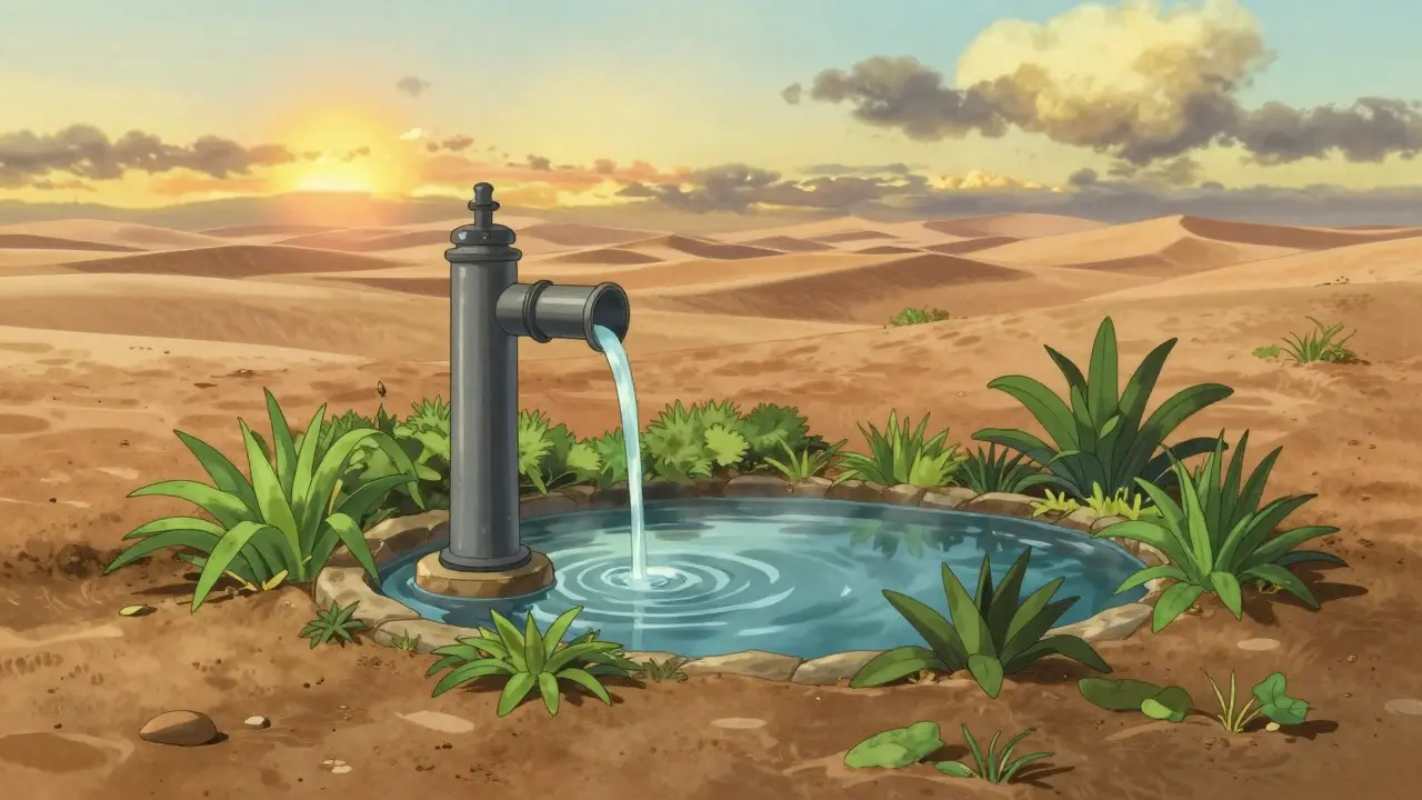 Desert oasis with water tech, representing charity mission, Ghibli