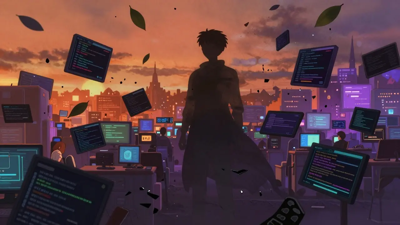 Digital debris floats in a void as a shadowy figure fades away, symbolizing a failed project.