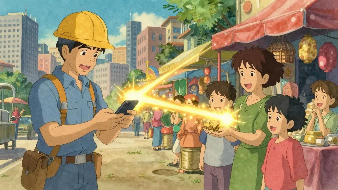 Family receiving instant crypto remittance, bypassing banking fees, anime style