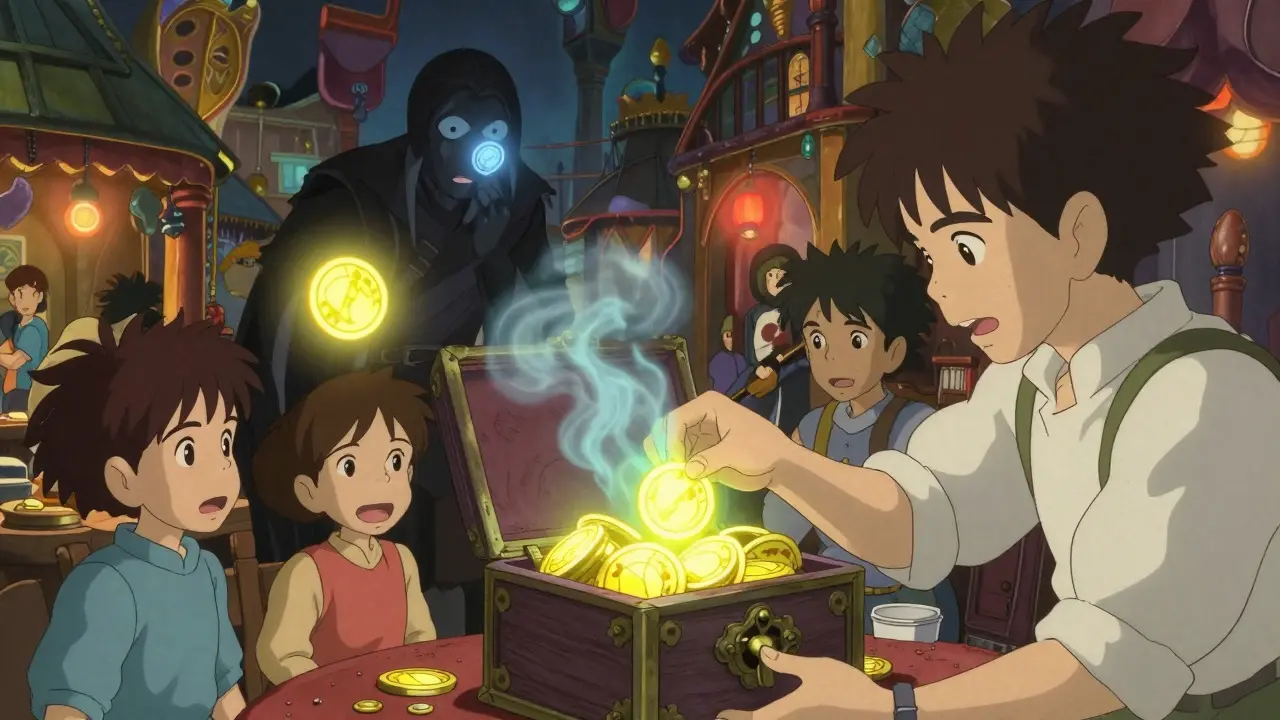 Fantasy market scene with volatile tokens and scam shadows