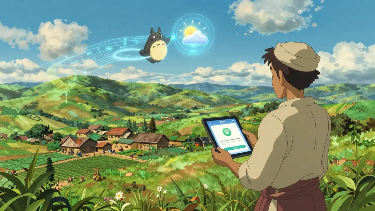Farmer checking auto-payout on tablet in sunny field with magical weather spirits
