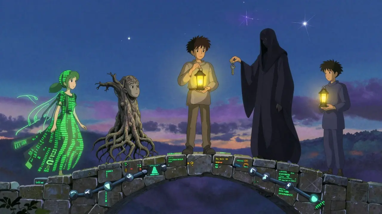 Ghibli-style illustration of distributed trust with code, consensus, and self-reliance spirits.