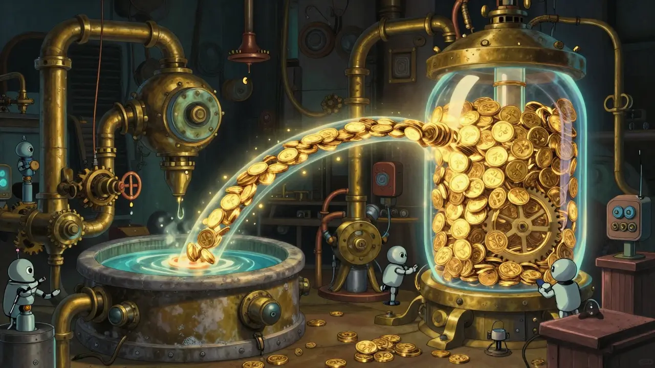 Ghibli style illustration of golden coins flowing seamlessly through magical pipes.