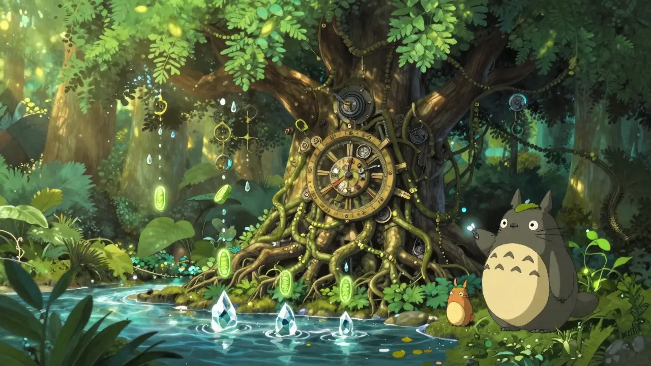 Ghibli-style magic tree dripping tokens to show vesting mechanics