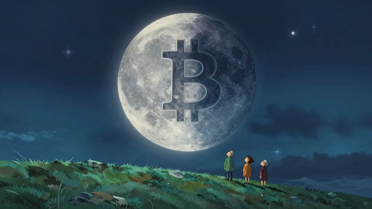 Ghibli-style moon splitting in half over a hill, symbolizing the Bitcoin halving event