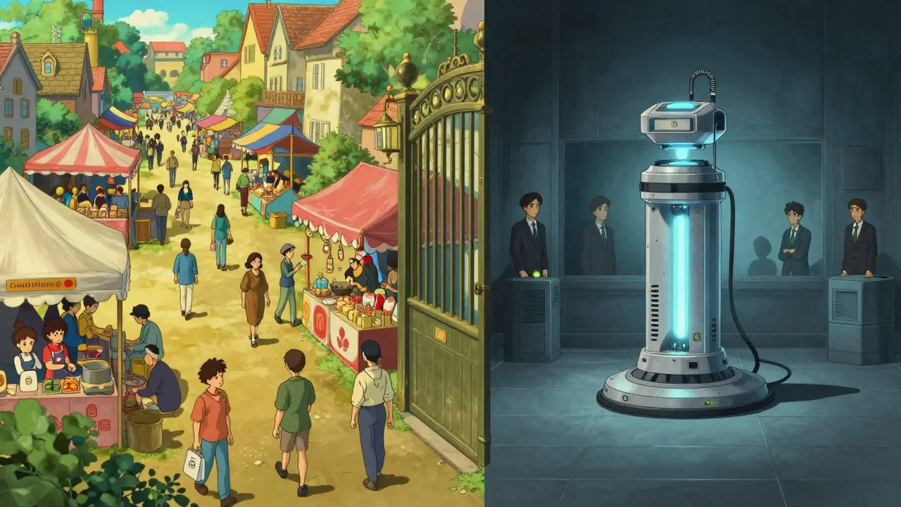 Ghibli style split scene contrasting busy regulated markets with isolated exclusive trading room