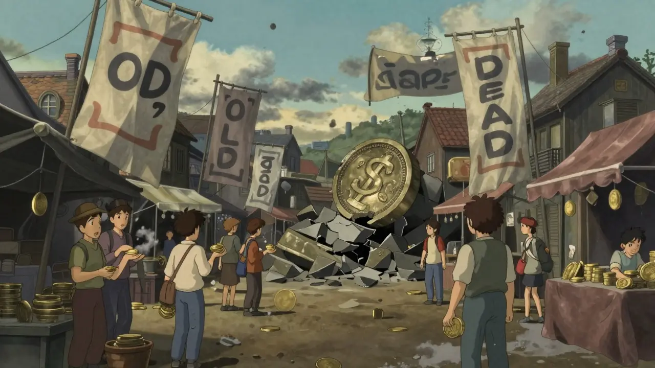 Ghibli style town with abandoned stalls and worthless gray dust coins