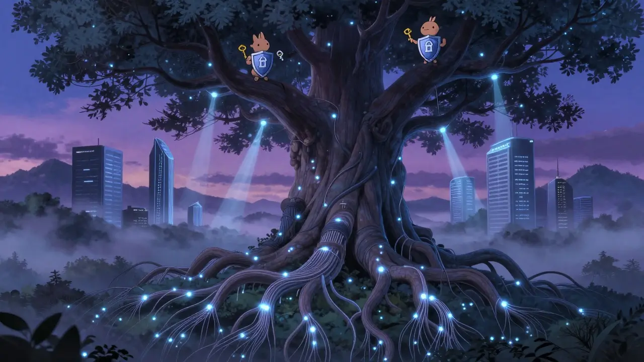 Glowing tree of blockchain tech with spirit guardians protecting data in twilight