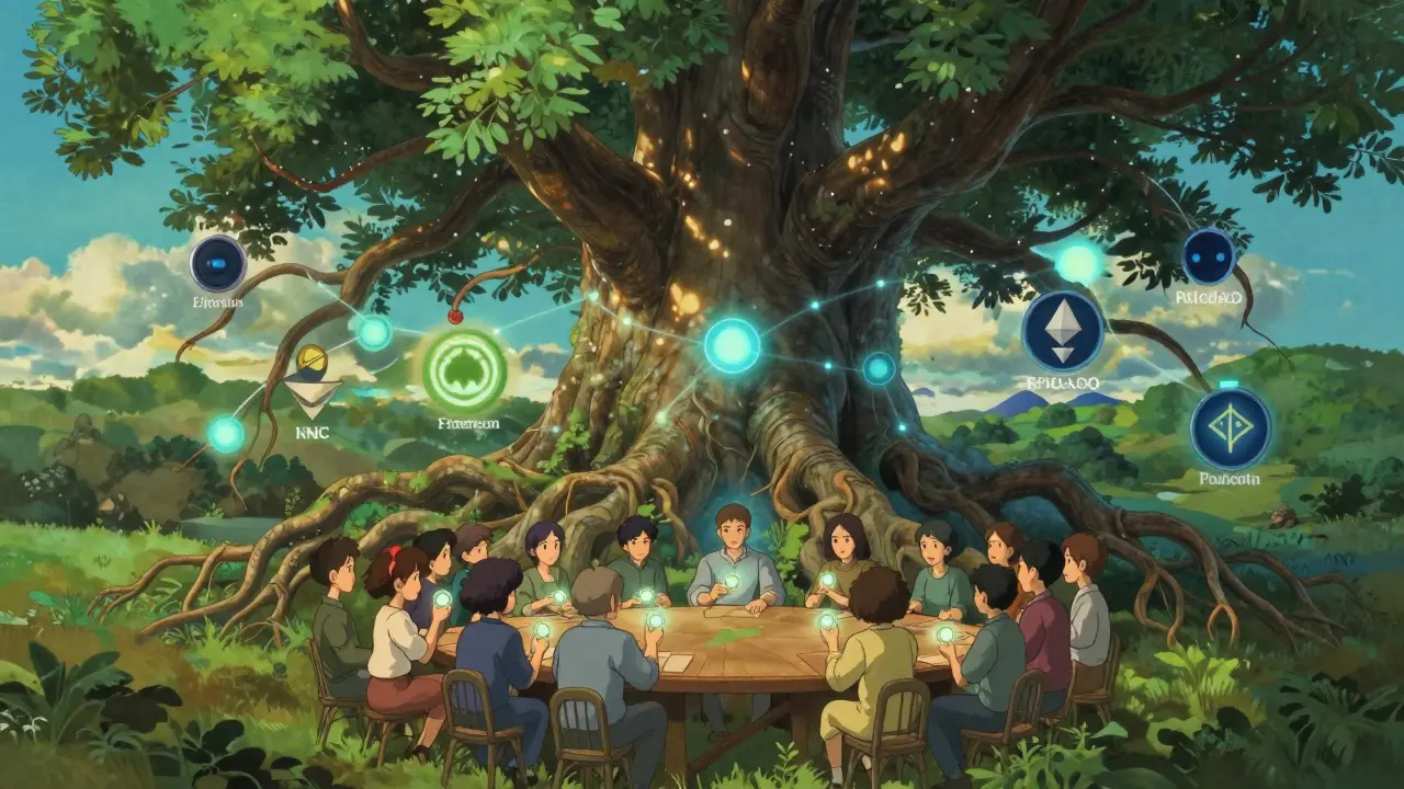 Glowing tree roots connecting lands representing cross-chain DeFi