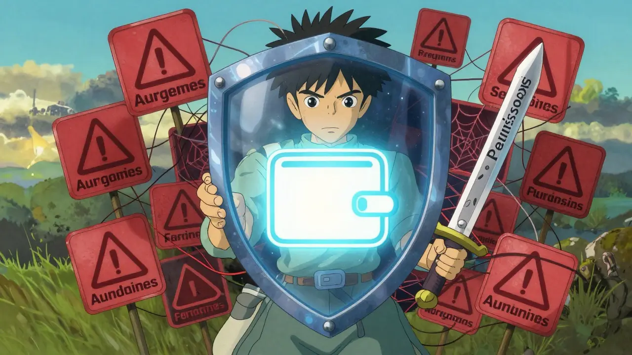 Hero protecting wallet from scams with light shield