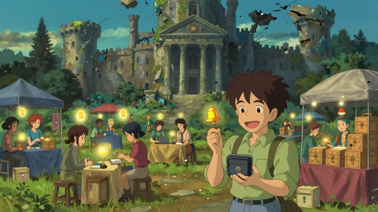 Independent merchants in a Ghibli-style market bypassing a crumbling traditional bank.