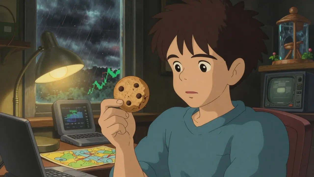 Investor holding a fading token in a cozy room during a storm