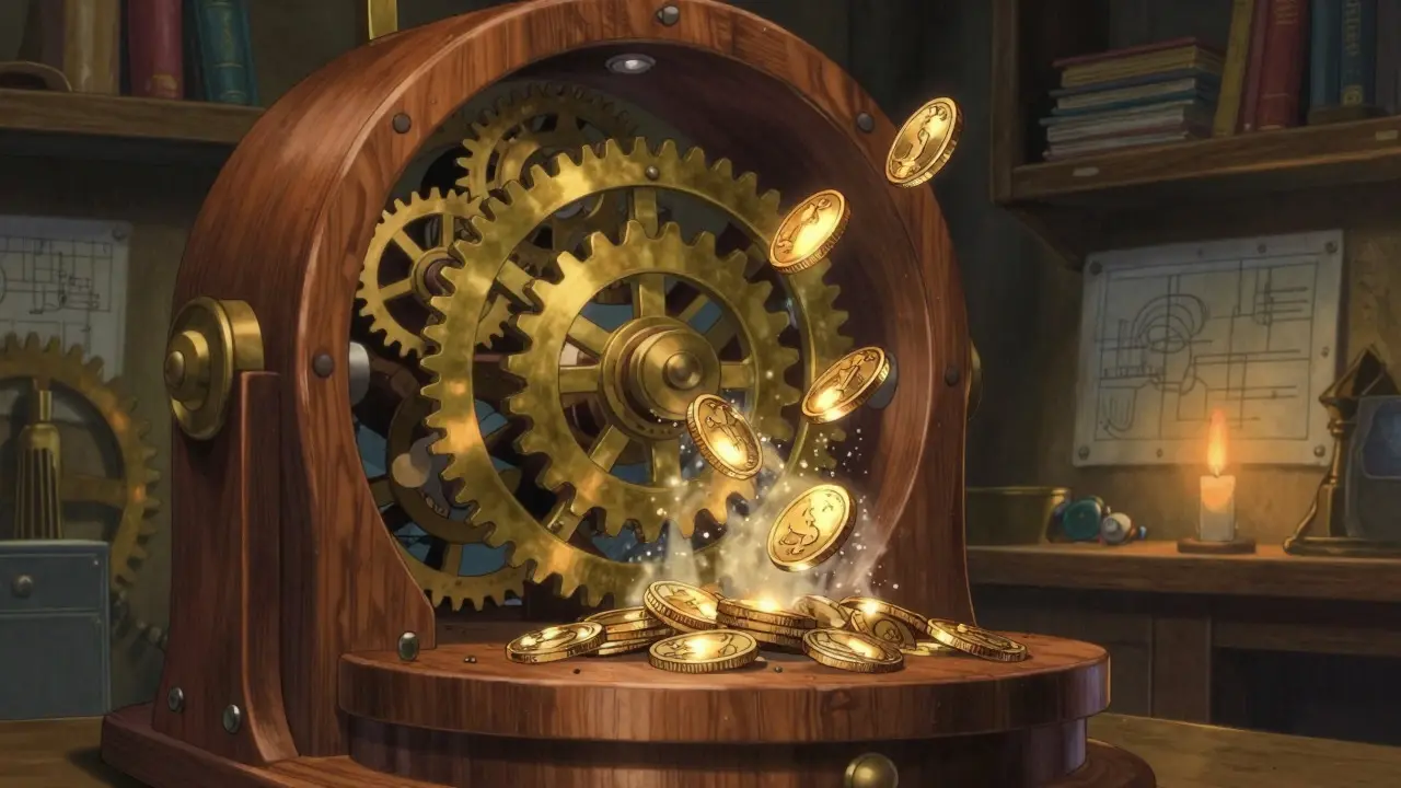 Magical gears burning golden coins into dust in a cozy workshop