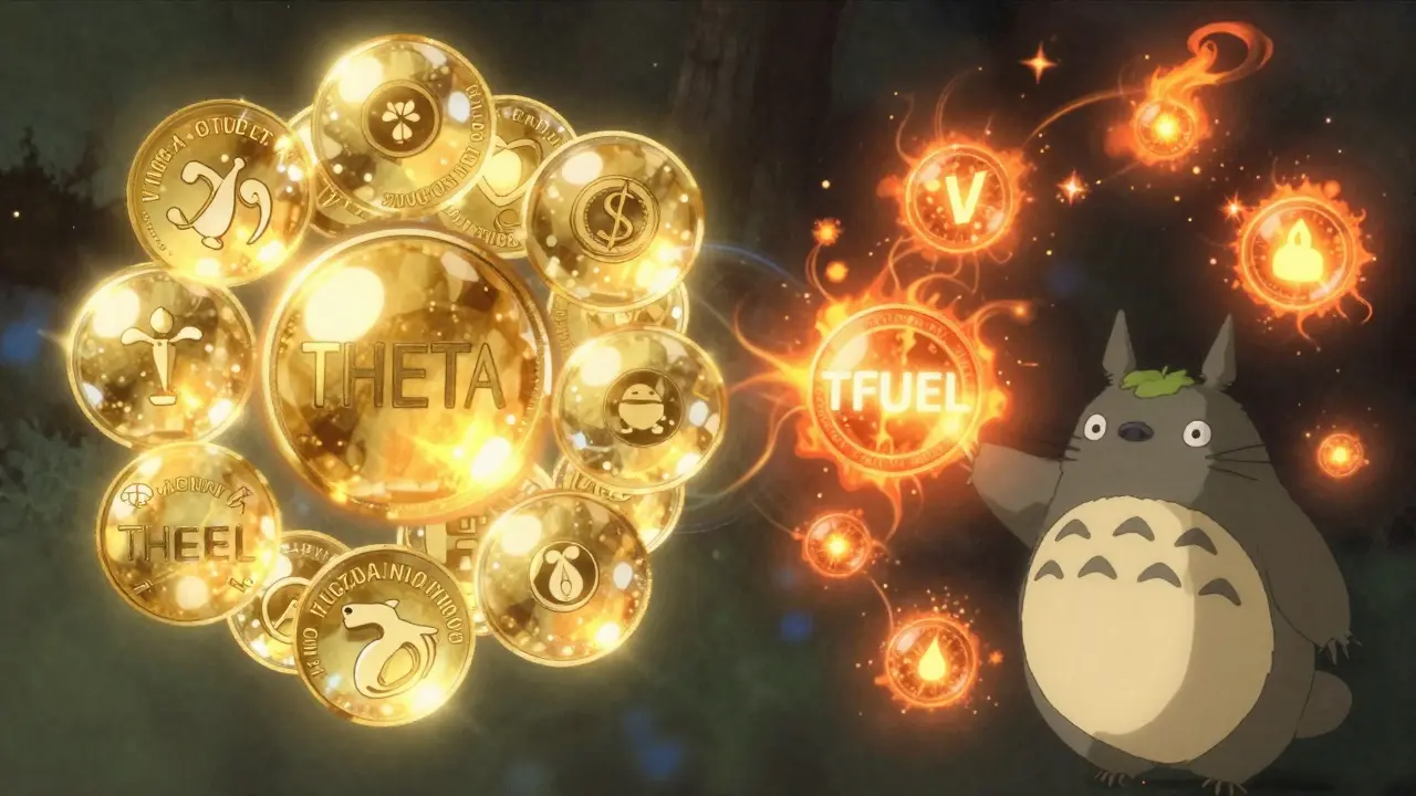Magical golden and orange orbs representing THETA and TFUEL tokens