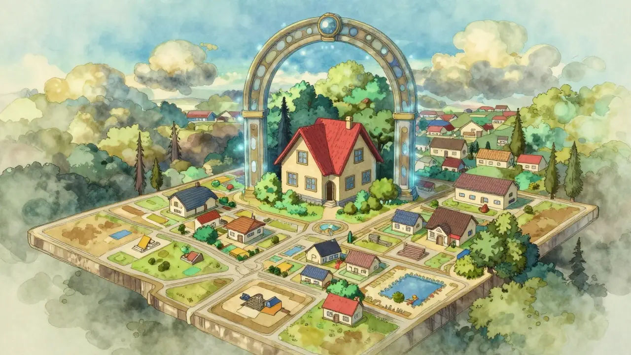 Magical map linking virtual land to a real house, Ghibli art