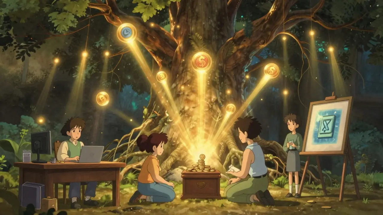 Magical tree distributing glowing tokens to contributors in Studio Ghibli style