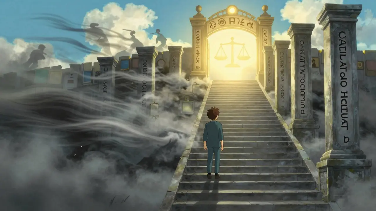 Metaphorical Ghibli illustration of climbing stairs to reach a licensed crypto exchange status.