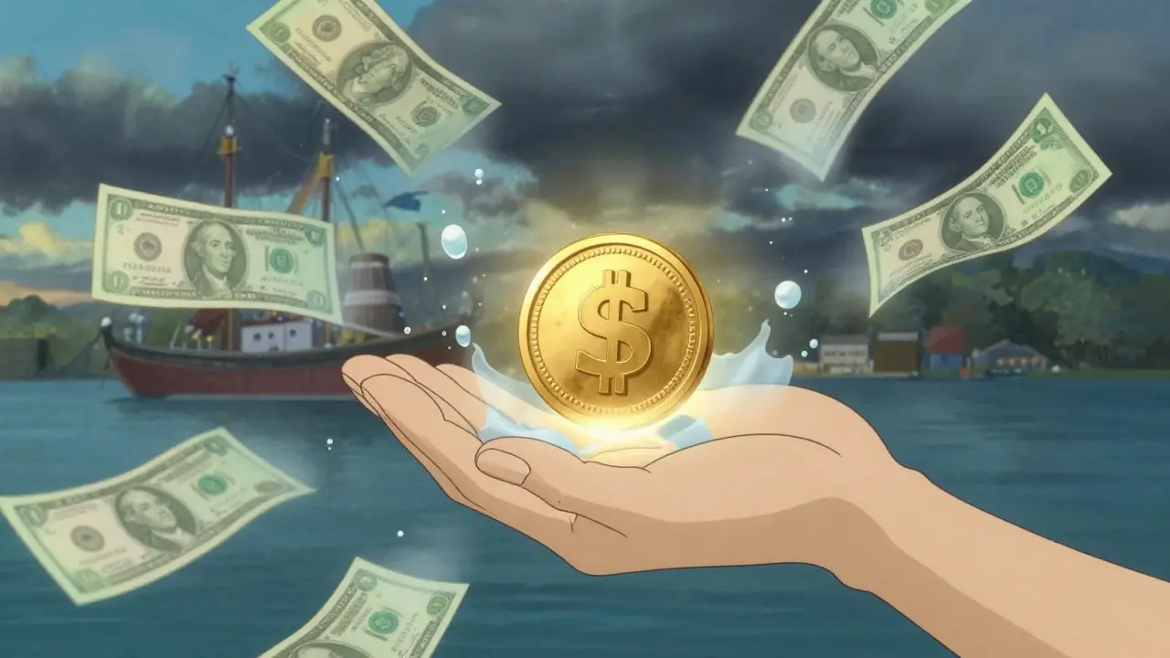 Person protecting savings with stablecoins against inflation, Ghibli art style