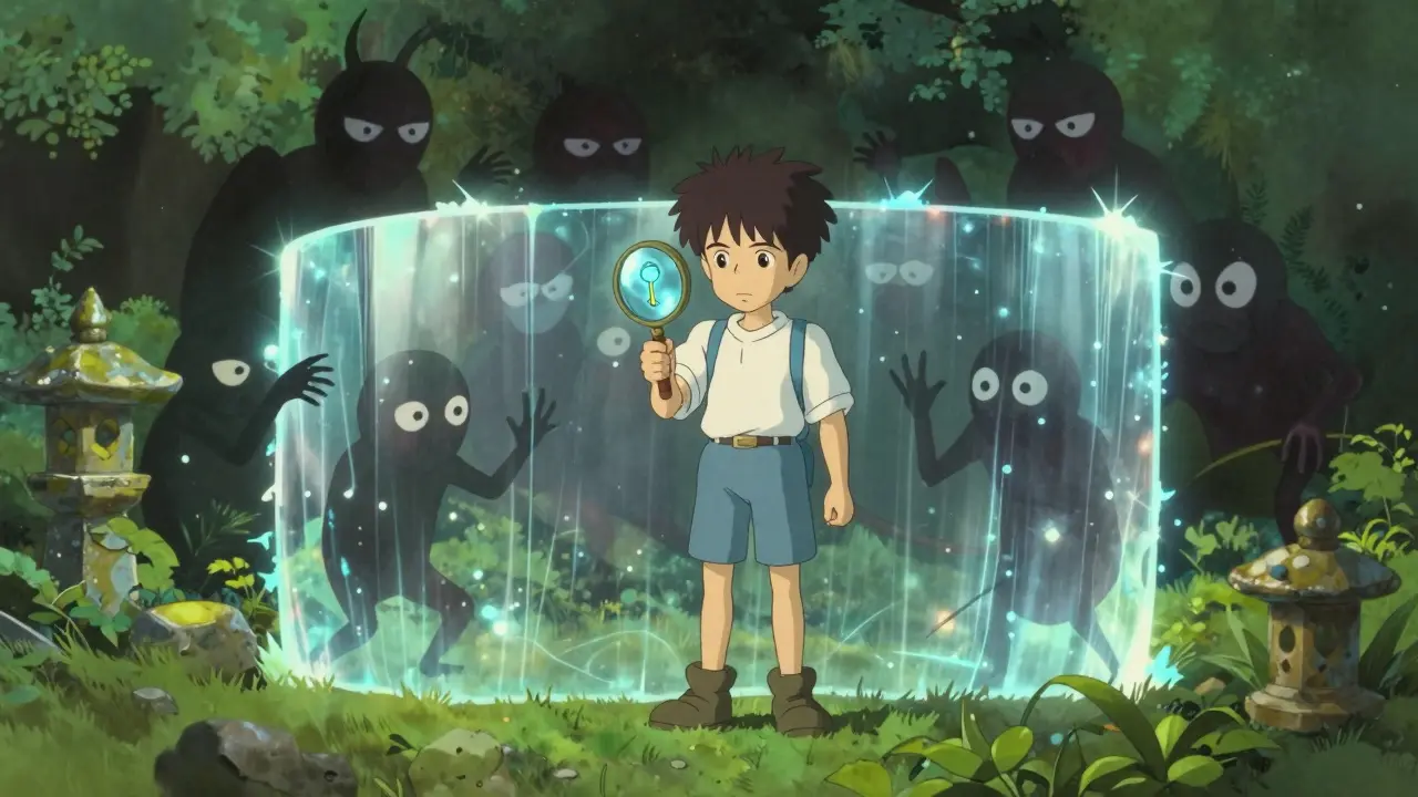 Protagonist using a shield against scam creatures in a serene anime garden