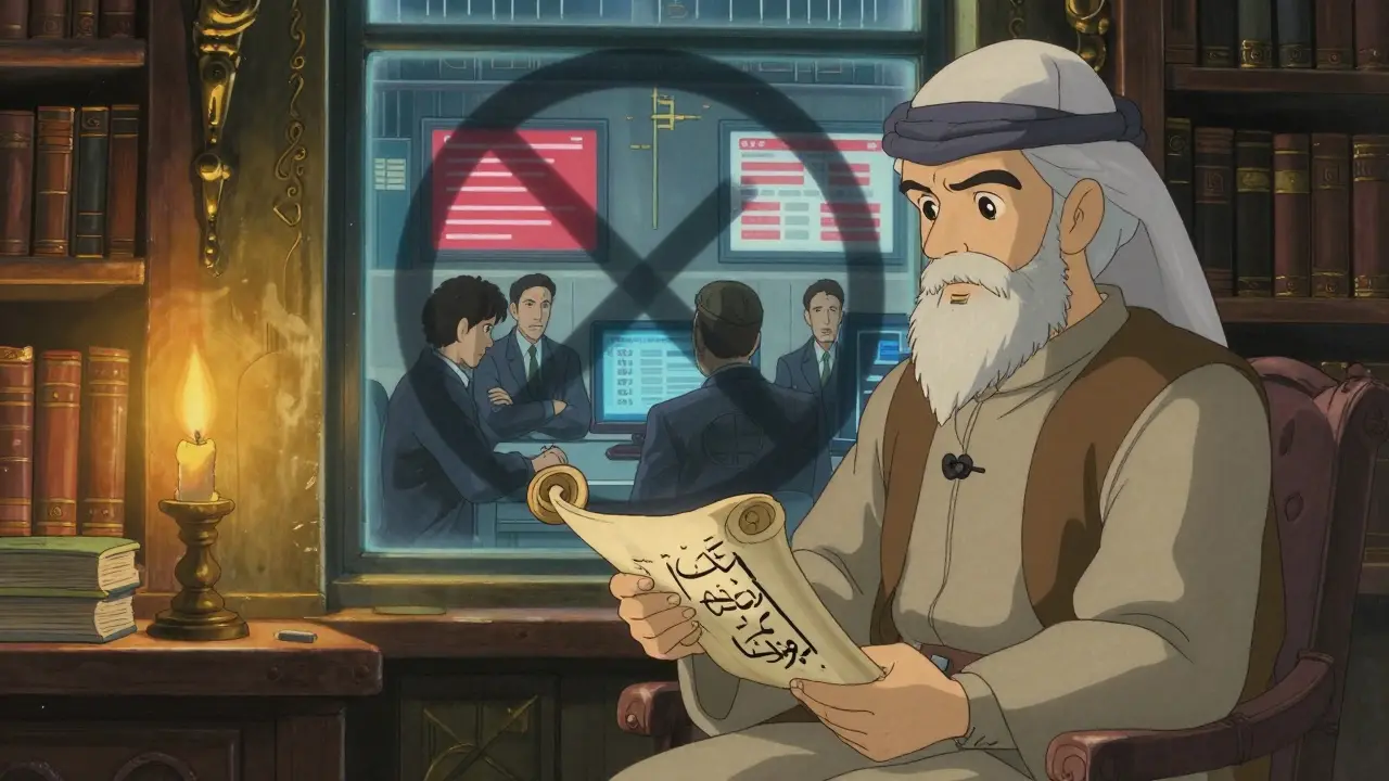 Scholar with religious text contrasting with bank officials monitoring accounts