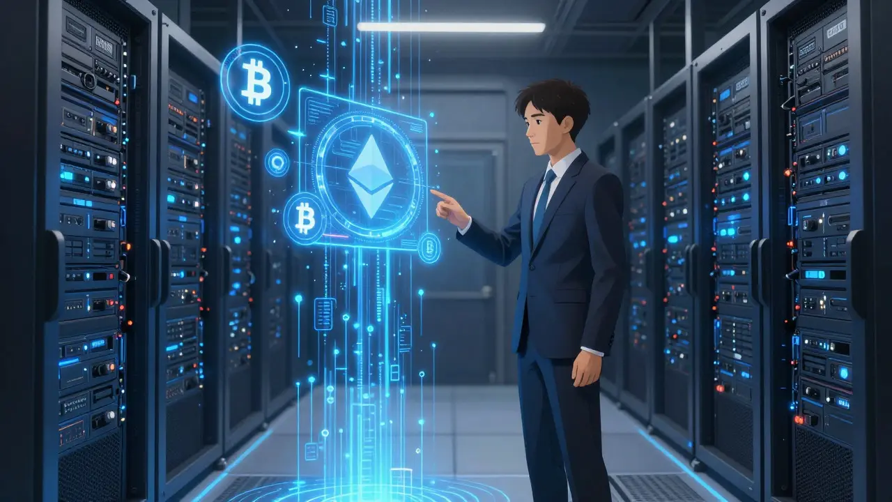 Secure server room with crypto assets and professional trader